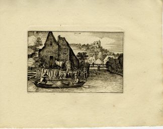 Antique Master Print-FARMHOUSE-CANAL-ROWBOAT-CASTLE-HILL-LANDSCAPE-Merian-1810