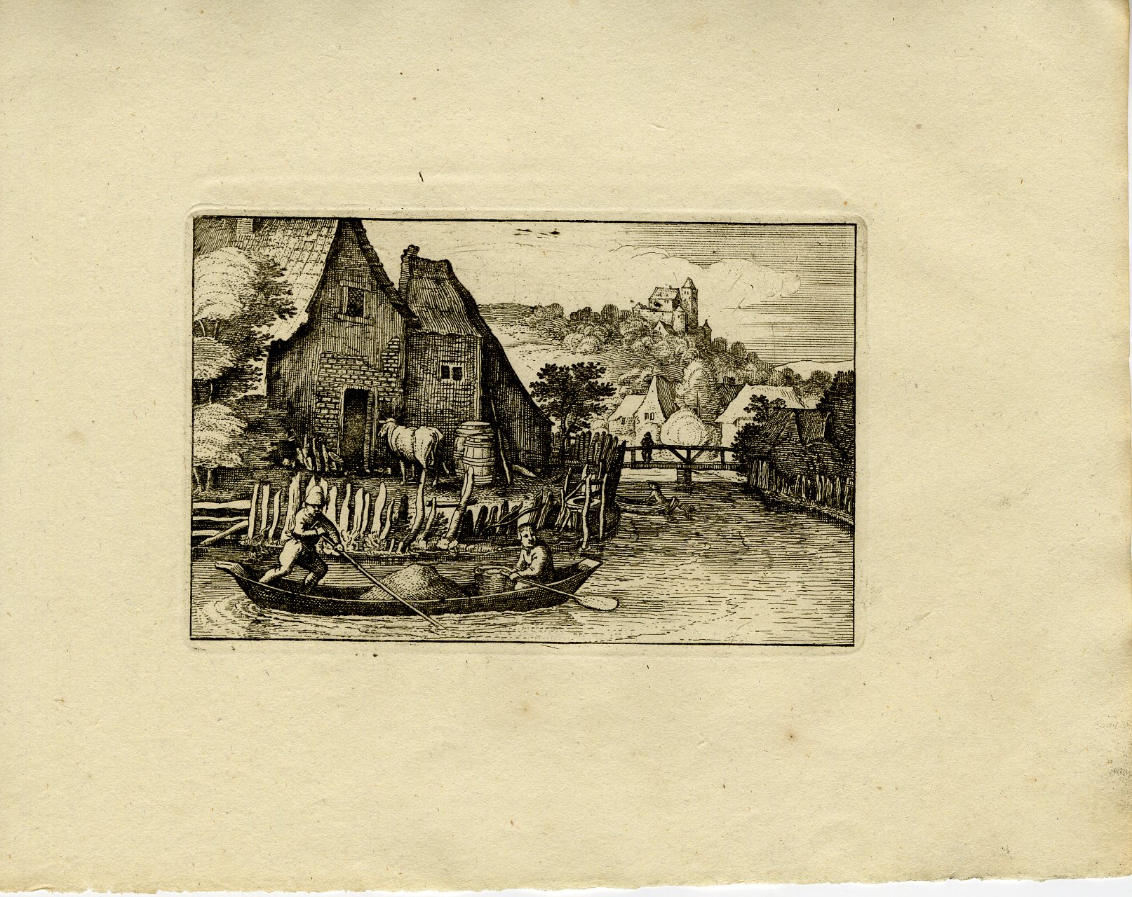 Pictura 13754 416x330 Antique Master Print-FARMHOUSE-CANAL-ROWBOAT-CASTLE-HILL-LANDSCAPE-Merian-1810