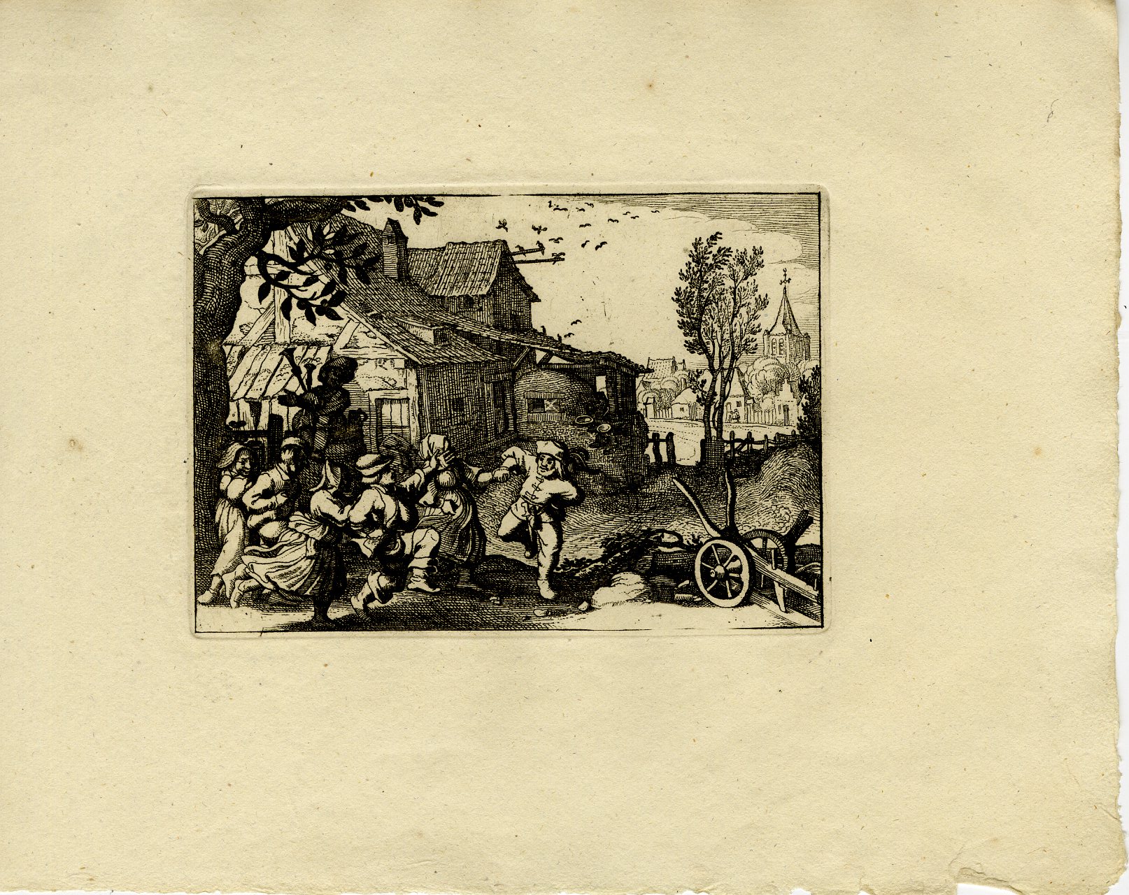 Pictura 13755 416x330 Antique Master Print-DANCING-PEASANTS-BAGPIPE-VILLAGE-FESTIVAL-Merian-1810