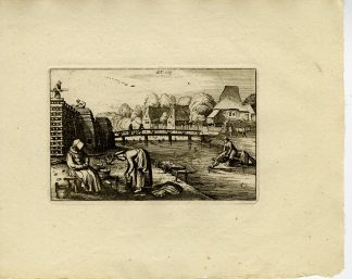 Antique Master Print-WOMEN-WASHING-LAUNDRY-TIMBER YARD-Merian-1810