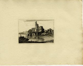 Antique Master Print-RIVER-LANDSCAPE-RUINED-TOWER-STONE-BRIDGE-Anonymous-1810