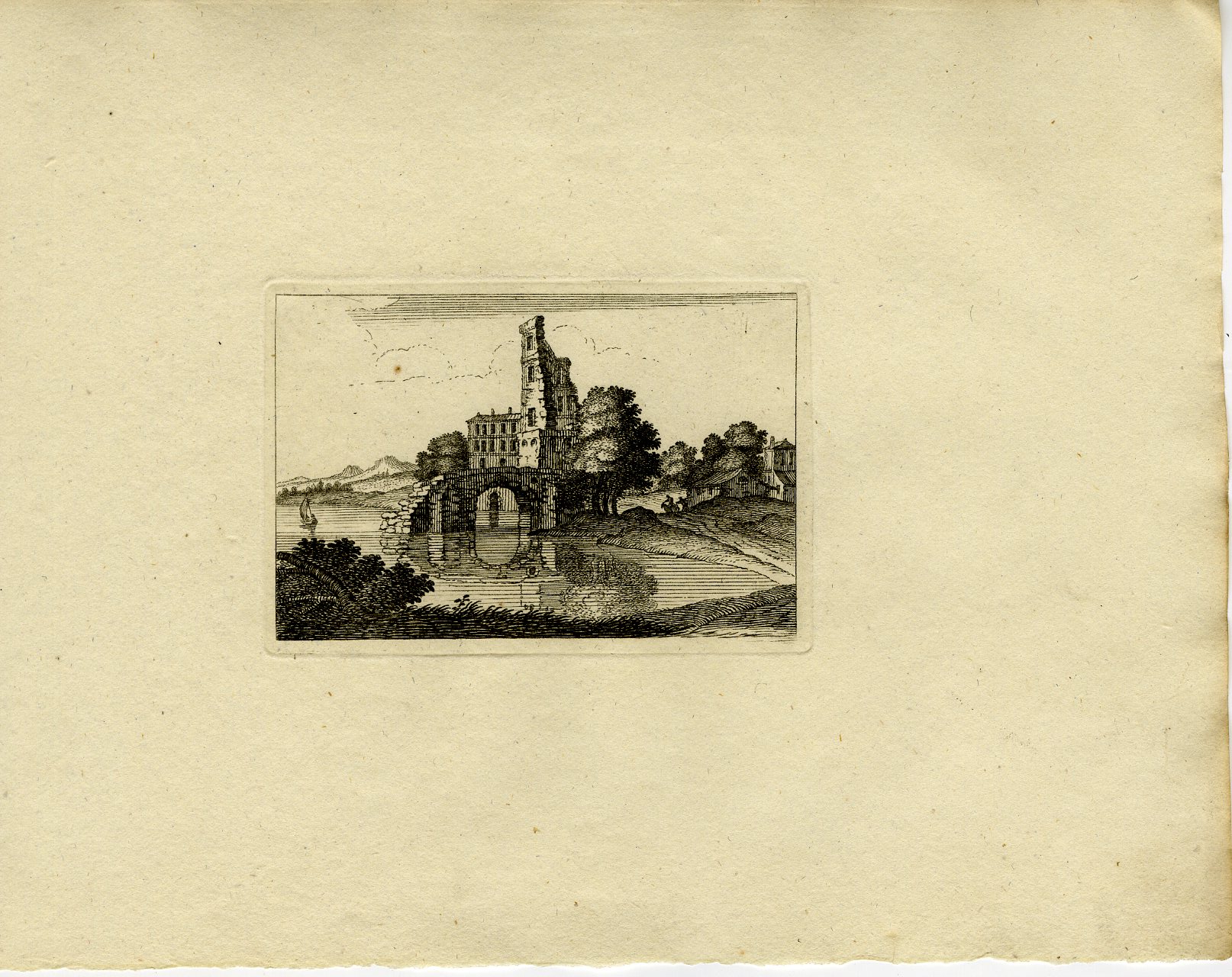 Pictura 13760 416x330 Antique Master Print-RIVER-LANDSCAPE-RUINED-TOWER-STONE-BRIDGE-Anonymous-1810