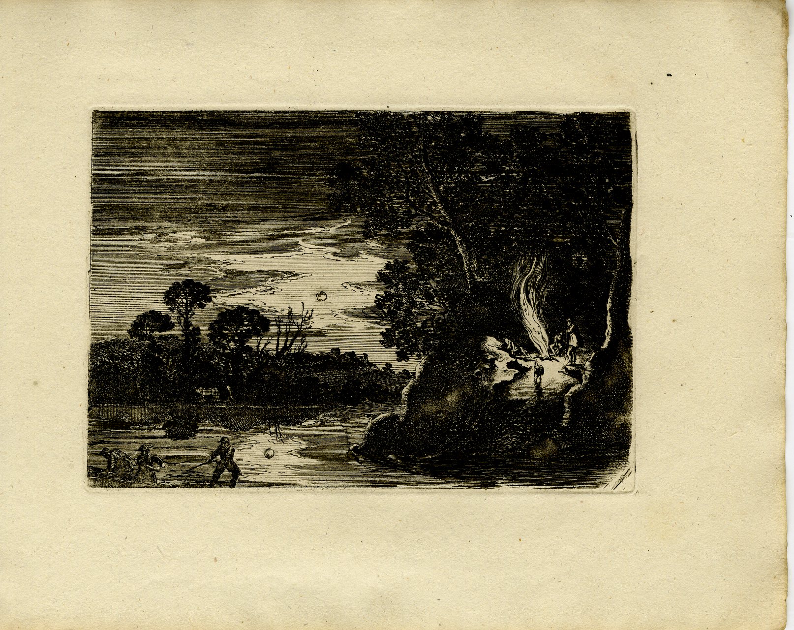 Pictura 13768 416x330 Antique Master Print-NIGHT-LANDSCAPE-CAMPFIRE-FISHERMEN-LAKE-Scheyndel-1810