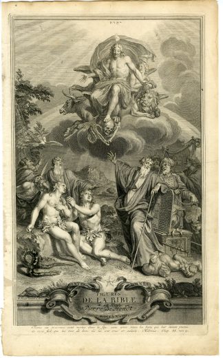 Antique Print-TITLE PAGE-BIBLE-ALLEGORY-JESUS-MOSE-ADAM-EVE-Picart-de Hondt-1728