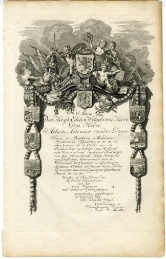 Antique Print-DEDICATION PAGE-COAT OF ARMS-ALLEGORY-PUTTI-Duflos-de Hondt-1728
