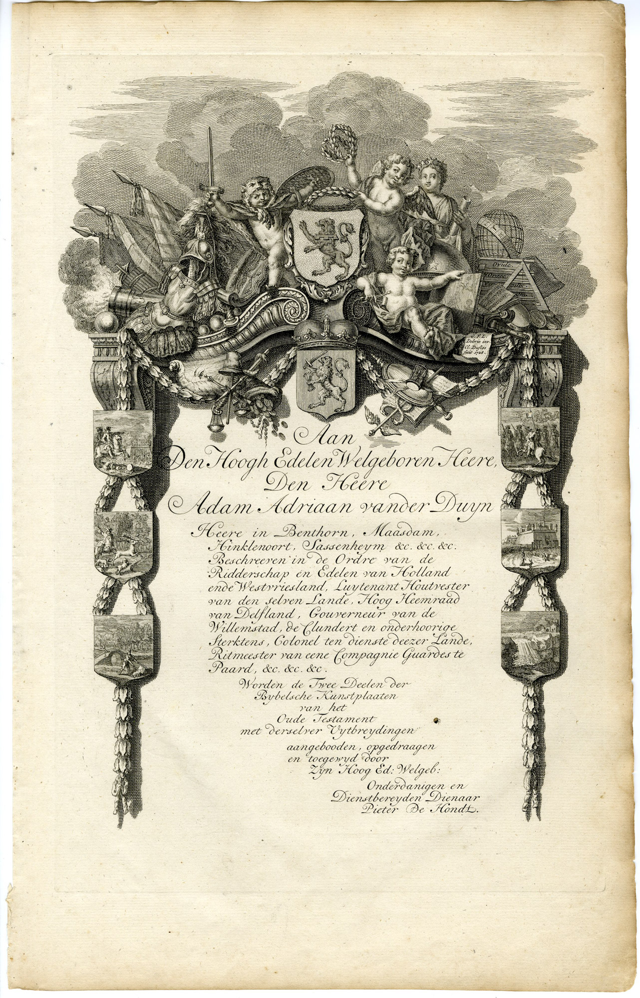 Pictura 14177 416x649 Antique Print-DEDICATION PAGE-COAT OF ARMS-ALLEGORY-PUTTI-Duflos-de Hondt-1728