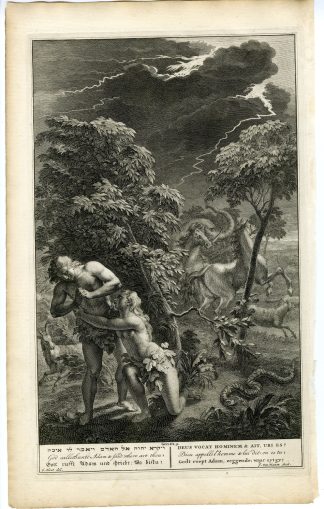 Antique Print-GENESIS-ADAM-EVE-SNAKE-HORSE-ELEPHANT-van Vianen-de Hondt-1728