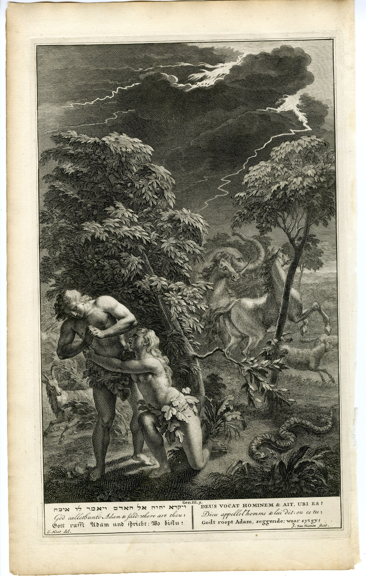 Pictura 14184 416x653 Antique Print-GENESIS-ADAM-EVE-SNAKE-HORSE-ELEPHANT-van Vianen-de Hondt-1728