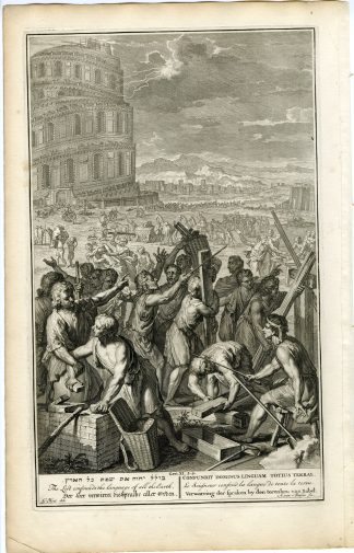 Antique Print-BIBLE-GENESIS-TOWER OF BABEL-BABYLON-LANGUAGE-Buysen-de Hondt-1728