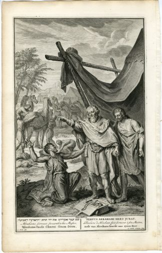 Antique Print-BIBLE-GENESIS-ABRAHAM-ELIEZER-OATH-ISAAC-WIFE-Gouwen-de Hondt-1728