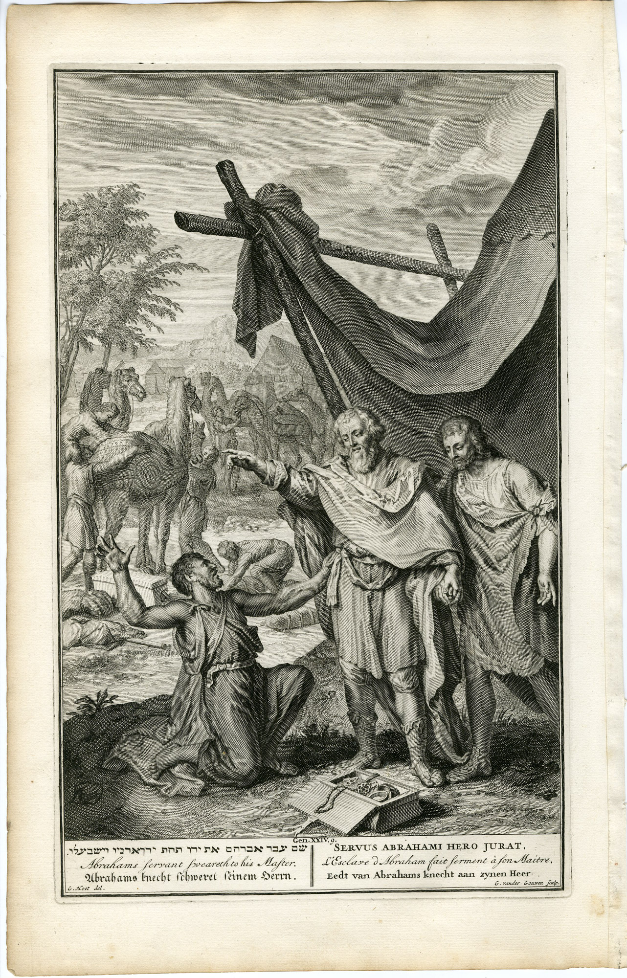 Pictura 14224 416x649 Antique Print-BIBLE-GENESIS-ABRAHAM-ELIEZER-OATH-ISAAC-WIFE-Gouwen-de Hondt-1728