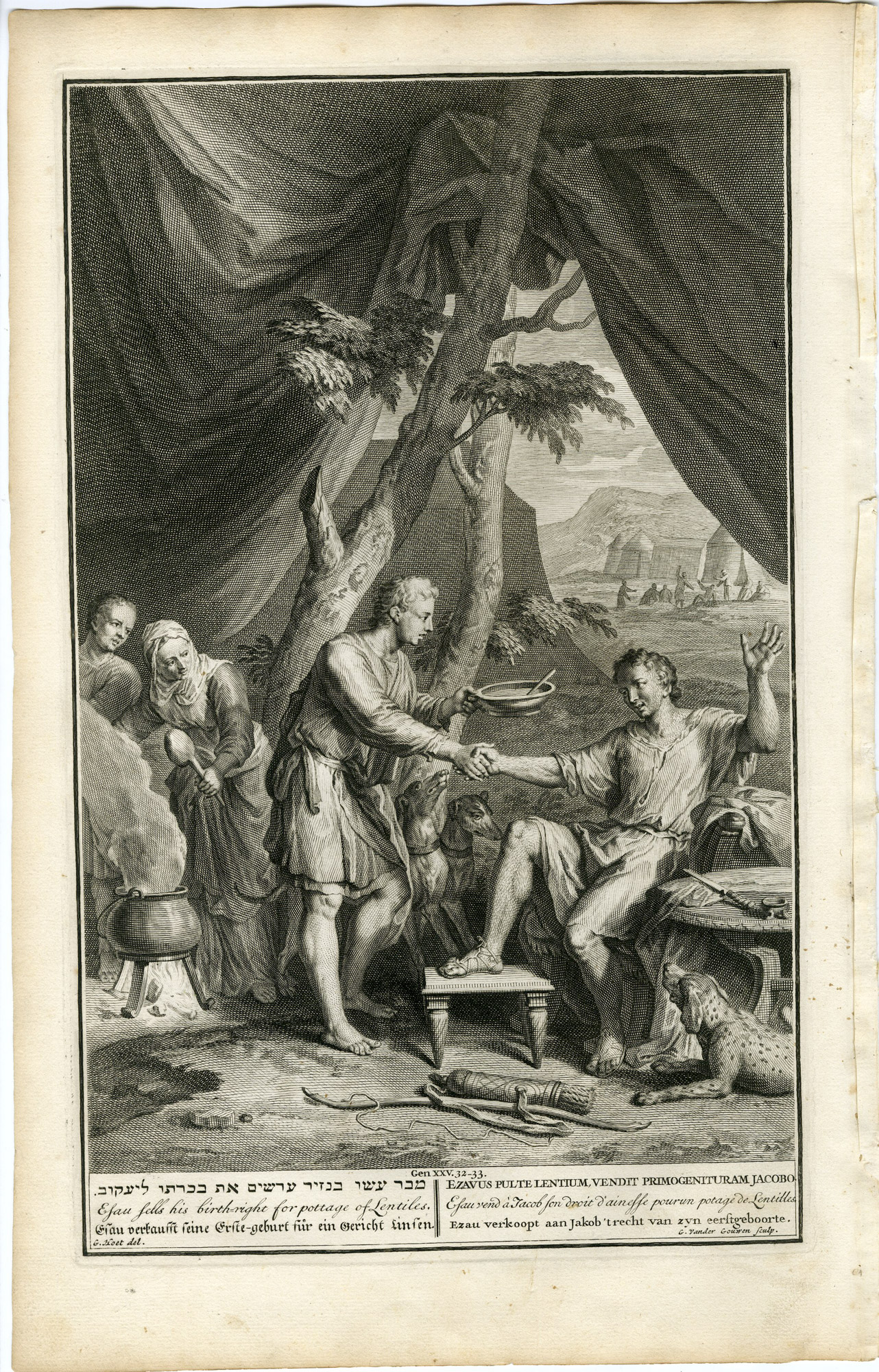 Pictura 14230 416x649 Antique Print-GENESIS-ESAU-SELLING BIRTHRIGHT TO JACOB-Gouwen-de Hondt-1728