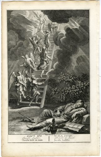 Antique Print-BIBLE-GENESIS-JACOBS LADDER-DREAM-ANGELS-de Hondt-1728