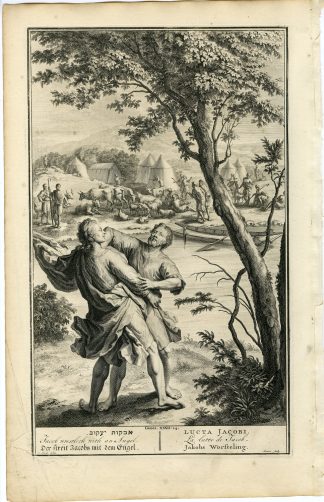 Antique Print-GENESIS-JACOB-STRUGGLE-FIGHT-ANGEL-CATTLE-Gouwen-de Hondt-1728