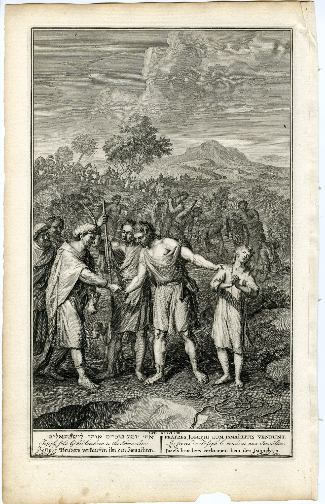 Pictura 14248 416x644 Antique Print-GENESIS-JOSEPH SOLD INTO SLAVERY-ISHMAELITES-Mulder-de Hondt-1728