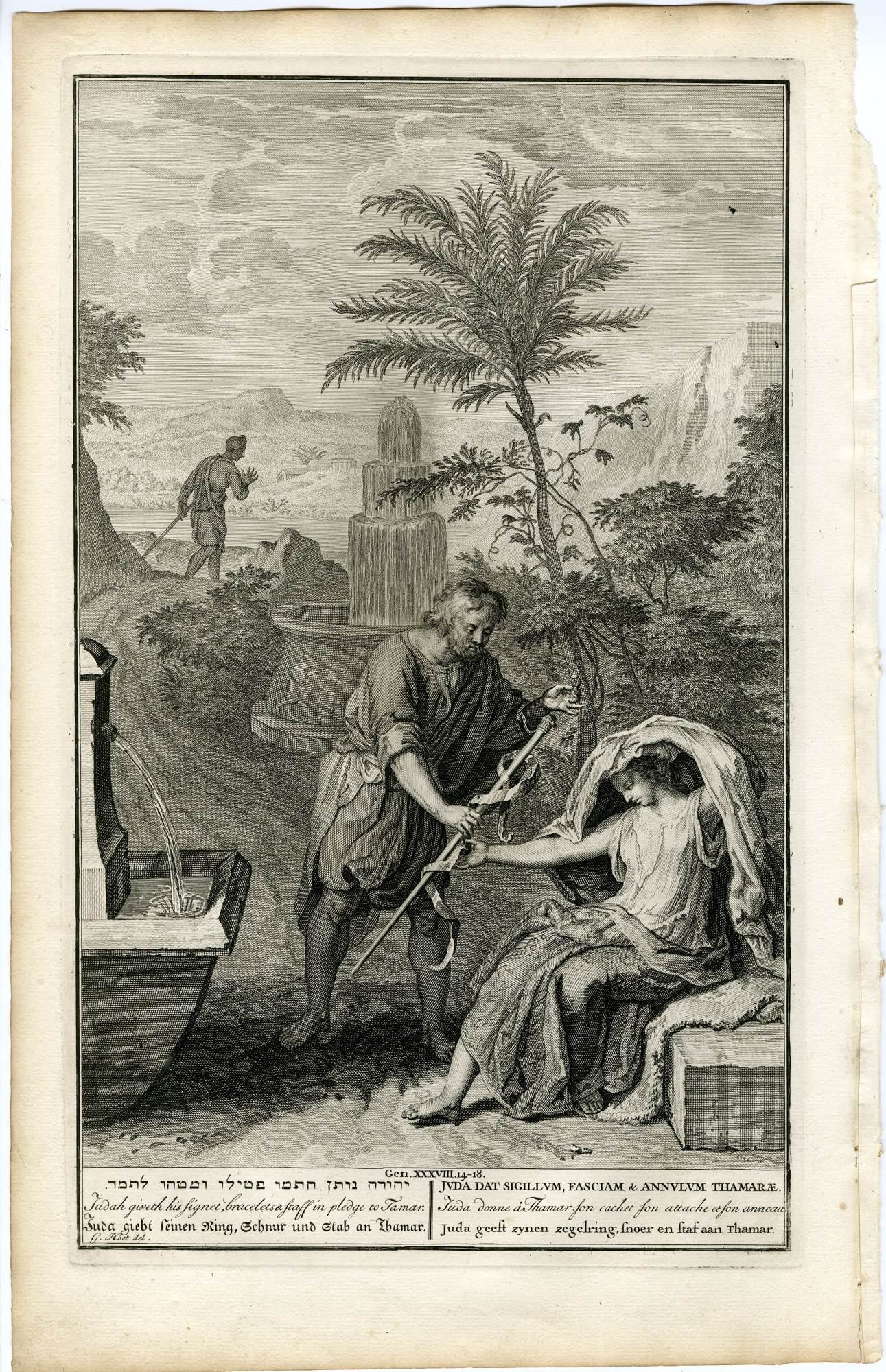 Pictura 14250 416x644 Antique Print-BIBLE-GENESIS-JUDAH-TAMAR-SIGNET-BRACELET-STAFF-de Hondt-1728