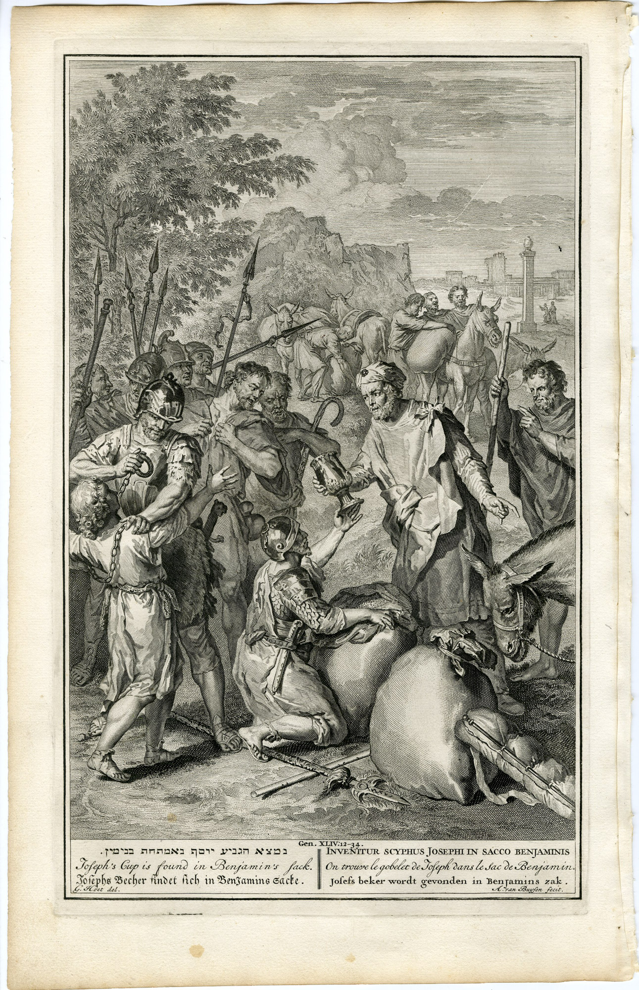 Pictura 14258 416x644 Antique Print-GENESIS-JOSEPH'S CUP-IN BENJAMIN'S SACK-van Buysen-de Hondt-1728