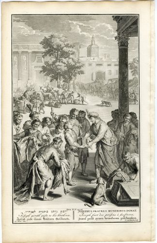 Antique Print-BIBLE-GENESIS-JOSEPH  GIVES GIFTS TO HIS BROTHERS-van Buysen-de Hondt-1728