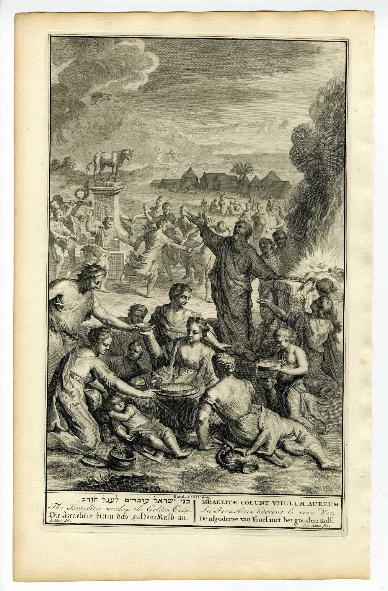 Pictura 14405 416x633 Antique Print-EXODUS-IDOLATRY-DANCE GOLDEN CALF-Vianen-de Hondt-1728