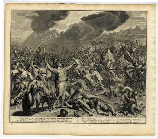 Antique Print-BIBLE-JOSHUA-BATTLE-FIVE AMORITE KINGS-GIBEON-Gouwen-de Hondt-1728