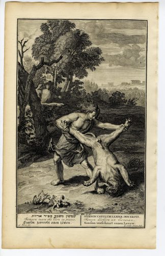 Antique Print-BIBLE-JUDGES-SAMSON TEARS THE LION IN PIECES-Gouwen-de Hondt-1728