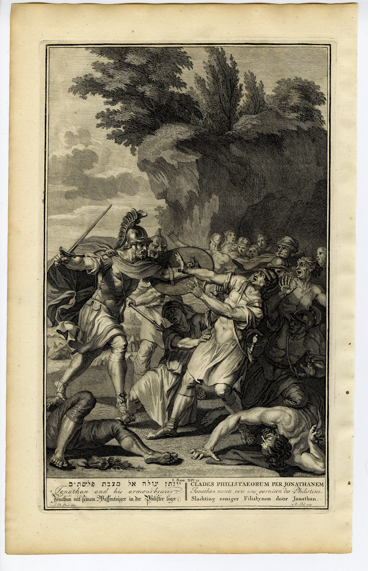 Pictura 14509 416x645 Antique Print-BIBLE-JONATHAN AND HIS ARMOR BEARER-PHILISTINES-Pool-de Hondt-1728
