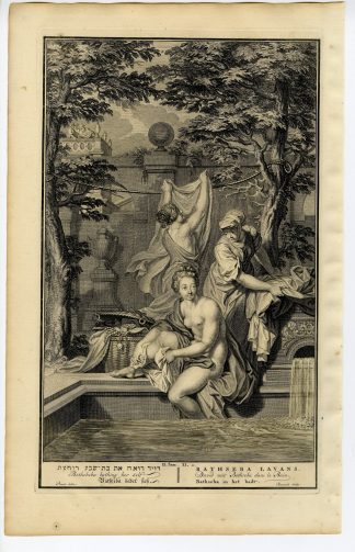 Antique Print-BIBLE-KING DAVID-BATHSHEBA BATHING-PALACE-Bernards-de Hondt-1728