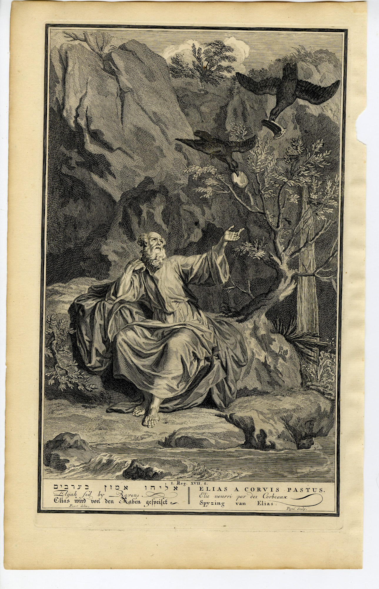 Pictura 14540 416x645 Antique Print-BIBLE-KINGS-ELIJAH FED BY RAVENS-Pigne-de Hondt-1728