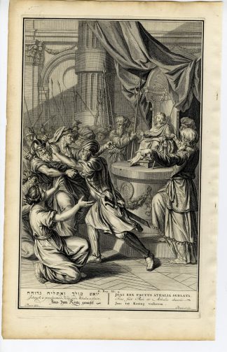 Antique Print-BIBLE-JOASH PROCLAIMED KING-ATHALIAH SLAIN-Broen-de Hondt-1728