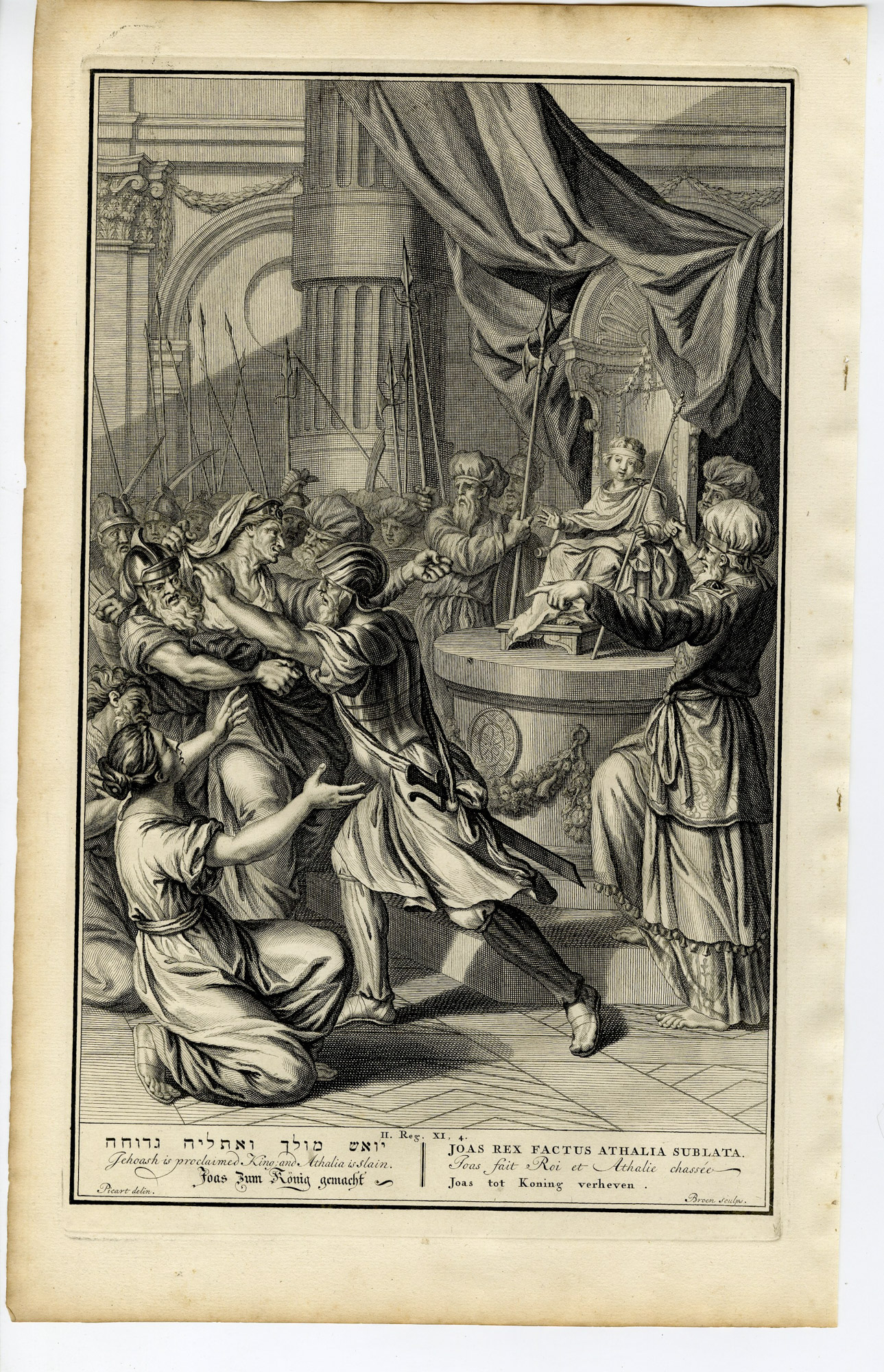 Pictura 14547 416x645 Antique Print-BIBLE-JOASH PROCLAIMED KING-ATHALIAH SLAIN-Broen-de Hondt-1728