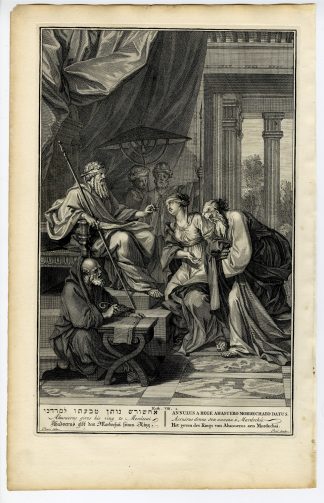 Antique Print-BIBLE-ESTHER-KING AHASUERUS-RING-MORDECAI-Pool-de Hondt-1728
