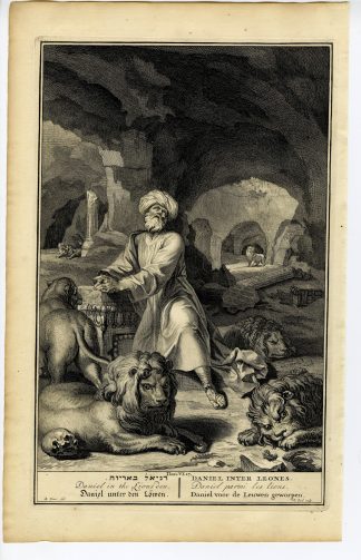 Antique Print-BIBLE-DANIEL IN THE LIONS DEN-CAVE-Pool-de Hondt-1728