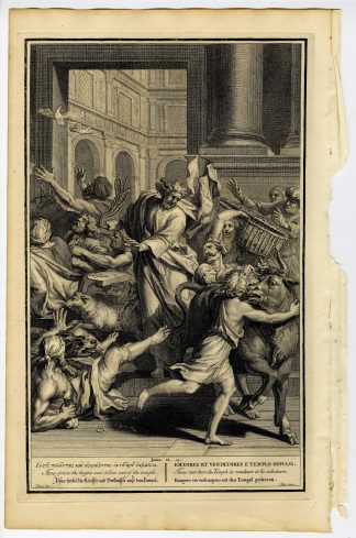 Antique Print-BIBLE-JOHN-JESUS-MONEY CHANGERS-TEMPLE-Pool-de Hondt-1728