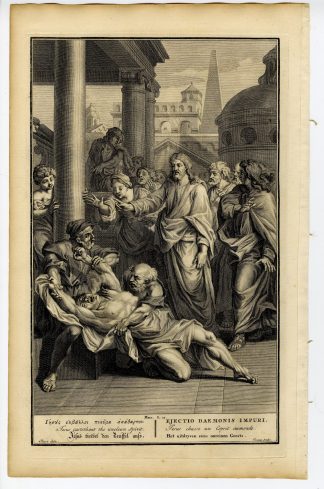 Antique Print-BIBLE-MARK-JESUS-UNCLEAN SPIRIT-CAPERNAUM-Gouwen-de Hondt-1728