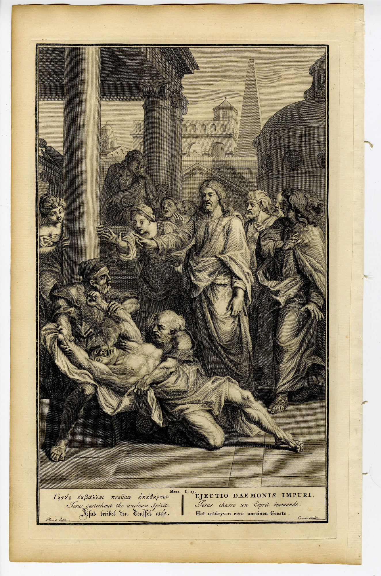 Pictura 14647 416x628 Antique Print-BIBLE-MARK-JESUS-UNCLEAN SPIRIT-CAPERNAUM-Gouwen-de Hondt-1728