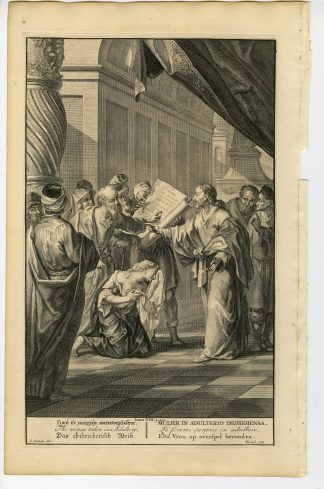 Antique Print-BIBLE-JOHN-JESUS -WOMAN-ADULTERY-STONING-Bleyswyck-de Hondt-1728