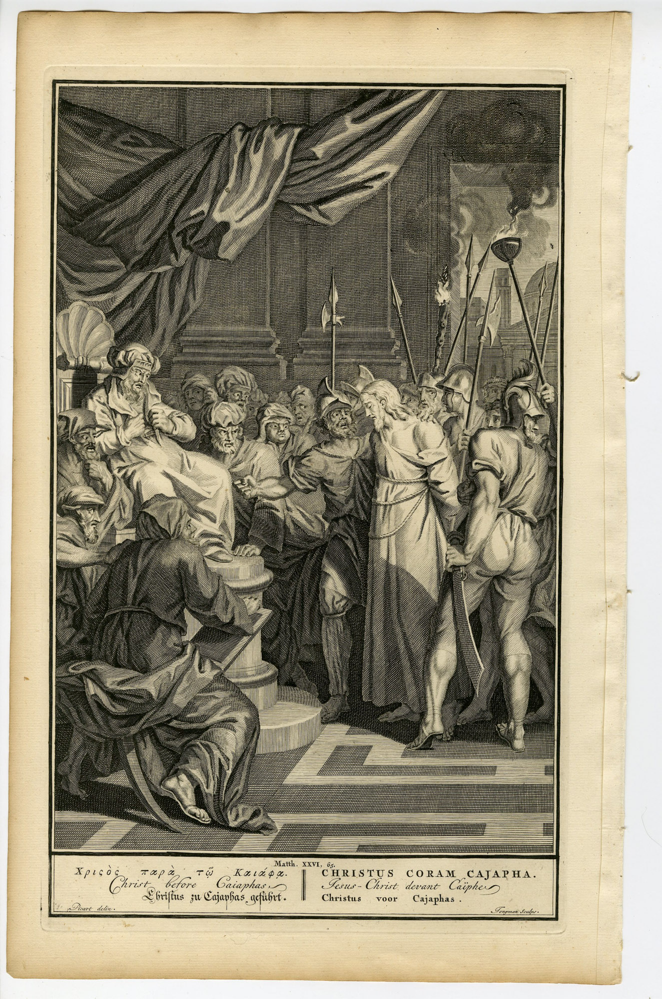 Pictura 14695 416x628 Antique Print-BIBLE-MATTHEW-JESUS CHRIST BEFORE CAIAPHAS-Jongman-de Hondt-1728