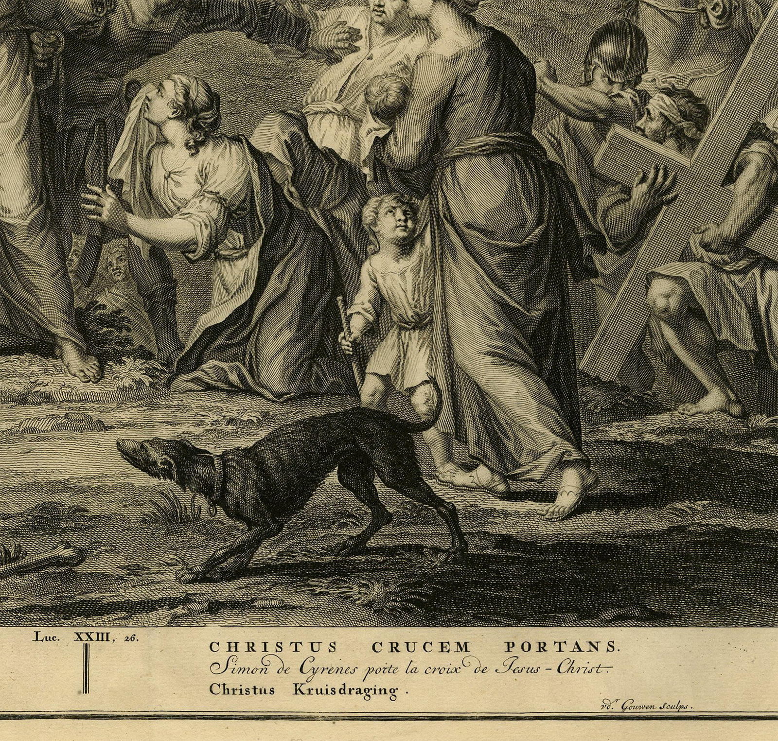 Pictura 14706 416x396 Antique Print-BIBLE-JESUS CHRIST-SIMON BEARING THE CROSS-Gouwen-de Hondt-1728 - Image 2