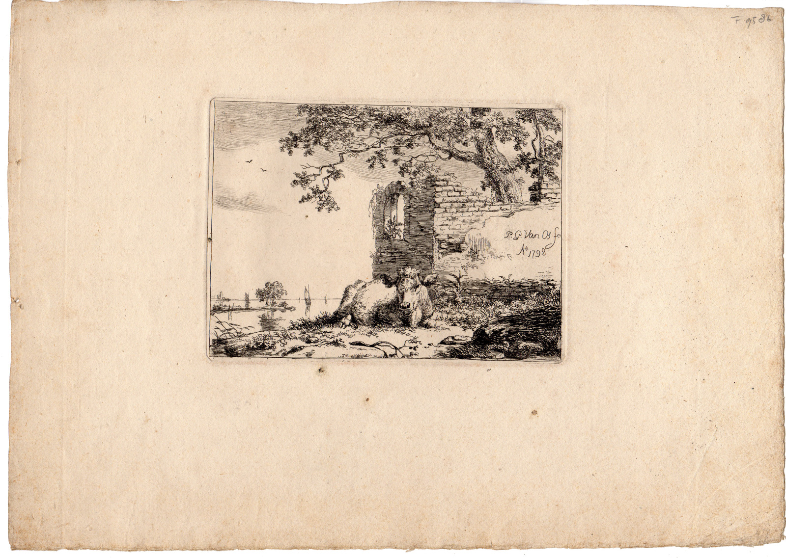 RB 4024 416x296 Antique Master Print-LANDSCAPE-ANIMALS-COW-RUIN-TREE-SAILINGSHIPS-van Os-1798