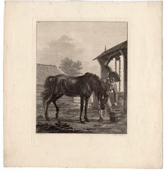Antique Master Print-ANIMAL-HORSE-DRINKING-MAN-STABLE-Bemme-Langendijk-1810