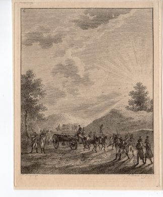 Antique Master Print-SOLDIERS-SUNSET-HORSES-CART-LANDSCAPE-Bemme-Langendijk-1810