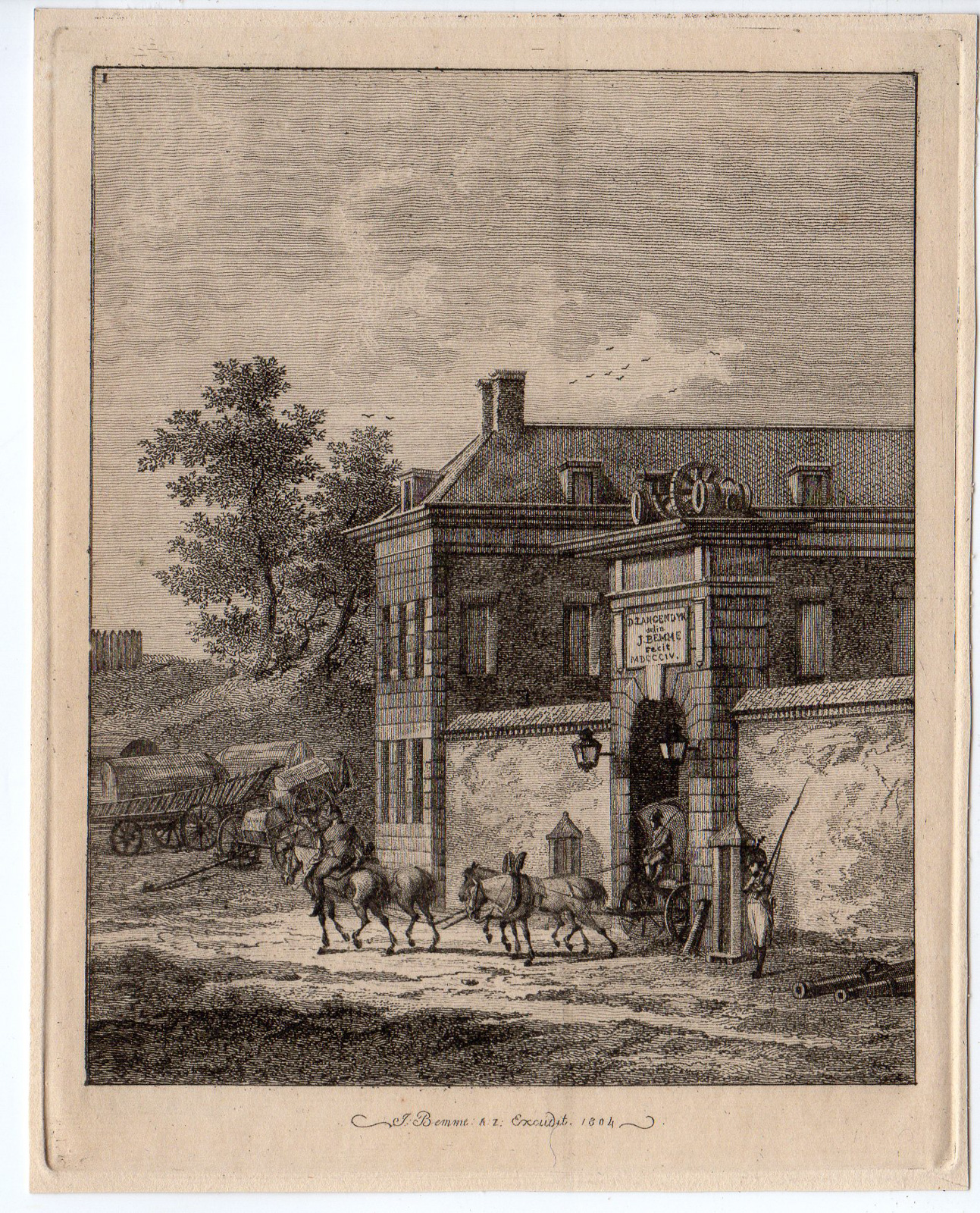RB 4036 416x515 Antique Master Print-SOLDIERS-CARRIAGE-MANSION-HORSES-Bemme-Langendijk-1804
