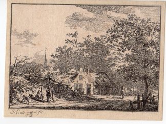 Antique Print-LANDSCAPE-HOLLAND-VILLAGE-HOUSES-CHURCH-ROAD-PEOPLE-Cats-1768