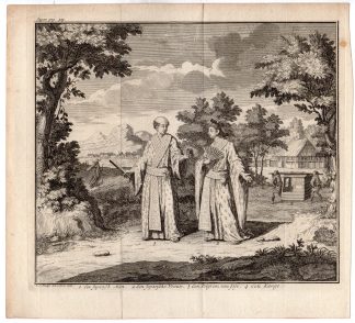 Antique Print-JAPANESE MAN AND WIFE-KIMONO-LINGERS-PILGRIM-Philips -Tirion-1728
