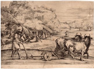 Rare-Antique Master Print-FARMER-PLOUGHING-OXEN-LANDSCAPE-Denon-Titian-c.1800