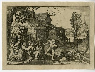 Antique Master Print-PEASANTS-DANCING-PLOW-INN-CHURCH-Schenk-Ostade-c.1803