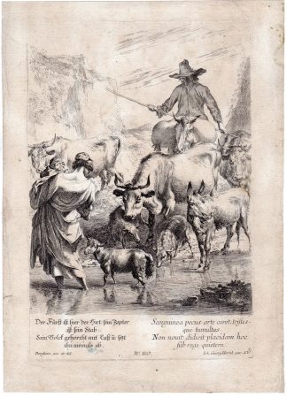 Antique Print-HERD-SHEPHARD-DONKEY-BROOK-COWS-SHEEP-Hertel -Berchem -1750