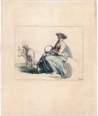 Antique Master Print-SHEPHERDESS-COW-GOAT-ANIMALS-BASKET-WOMAN-Bloemaert-c.1650