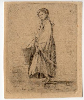 Antique Master Print-YOUNG WOMAN-STANDING-HATBOX-UMBRELLA-HAT-Bombled-1850