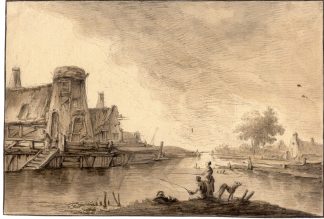 Antique Drawing-RIVER LANDSCAPE-FISHING WOMEN-DOG-OLD MILL-Anonymous-18th.c.
